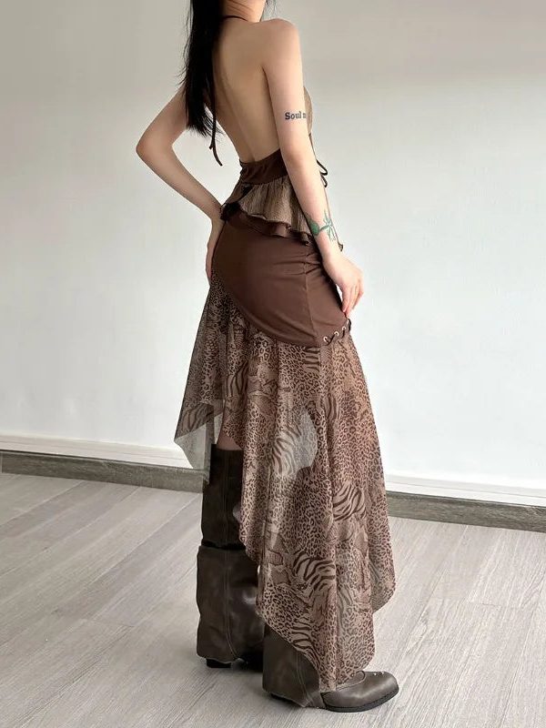 Boho Asymmetric Top & Leopard Midi Skirt Two Piece Set