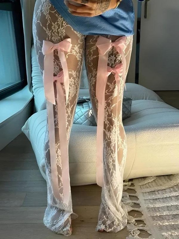 Bow Transparent Lace Flare Pants