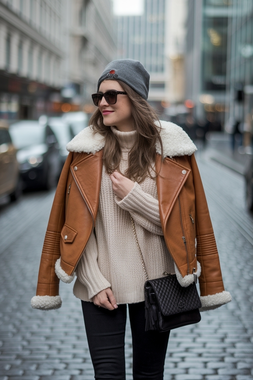 Brown Leather Jacket Outfit Winter for a Bold Look outfit idea