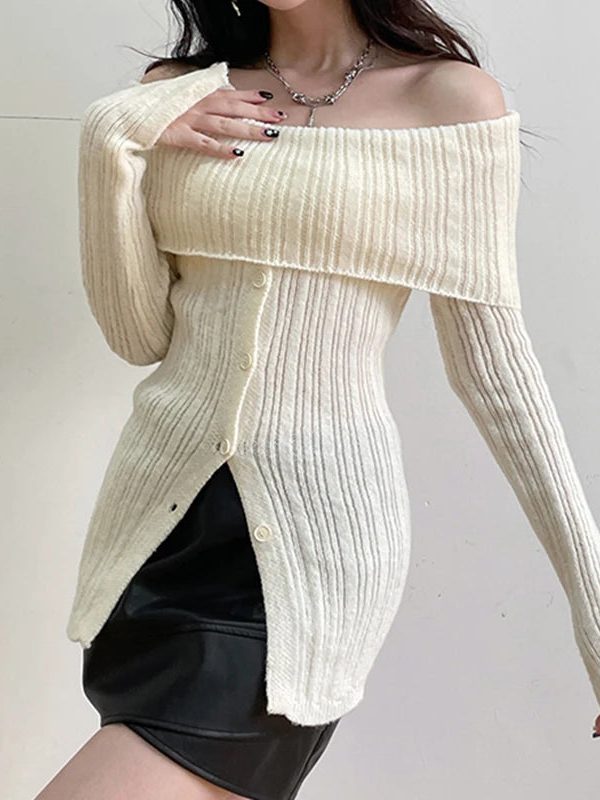 Button Up Off Shoulder Knitted Top