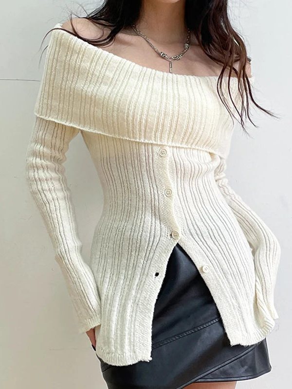 Button Up Off Shoulder Knitted Top