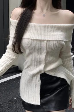 Button Up Off Shoulder Knitted Top