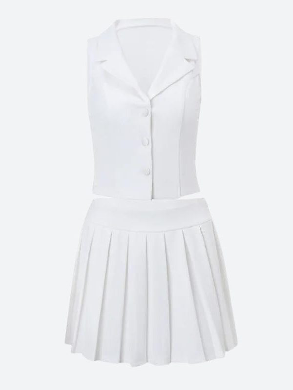 Button Up Top & Pleated Mini Skirt Two Piece Set