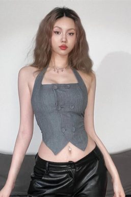 Buttoned Crop Halter Top