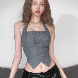 Buttoned Crop Halter Top