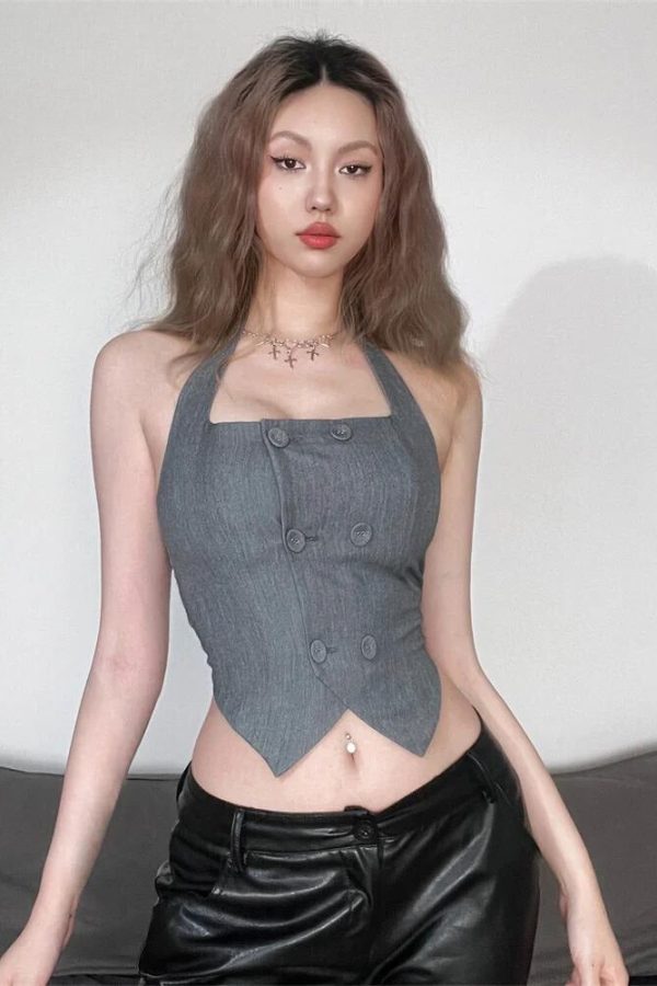 Buttoned Crop Halter Top