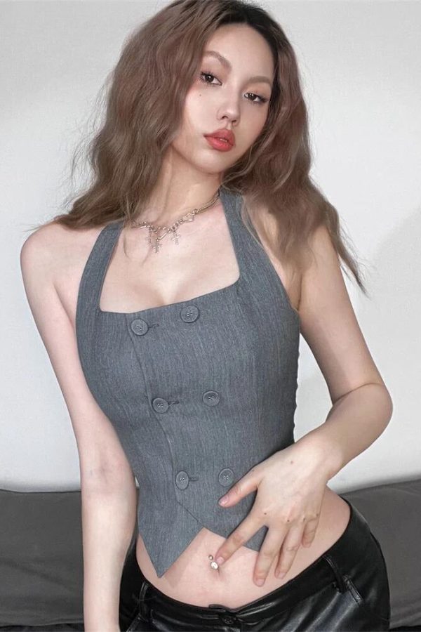 Buttoned Crop Halter Top