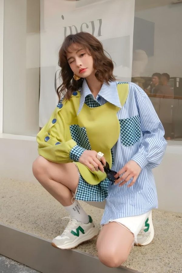 Buttoned Sleeved Patchwork Shirt