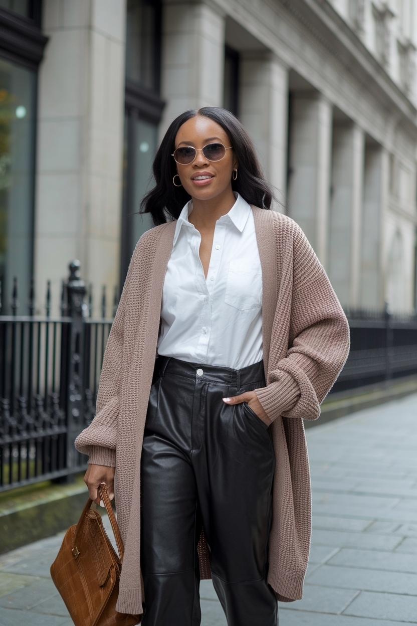 Cardigan and Leather Pants Outfit Black for a Bold Look outfit idea