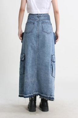 Cargo Split Denim Midi Skirt