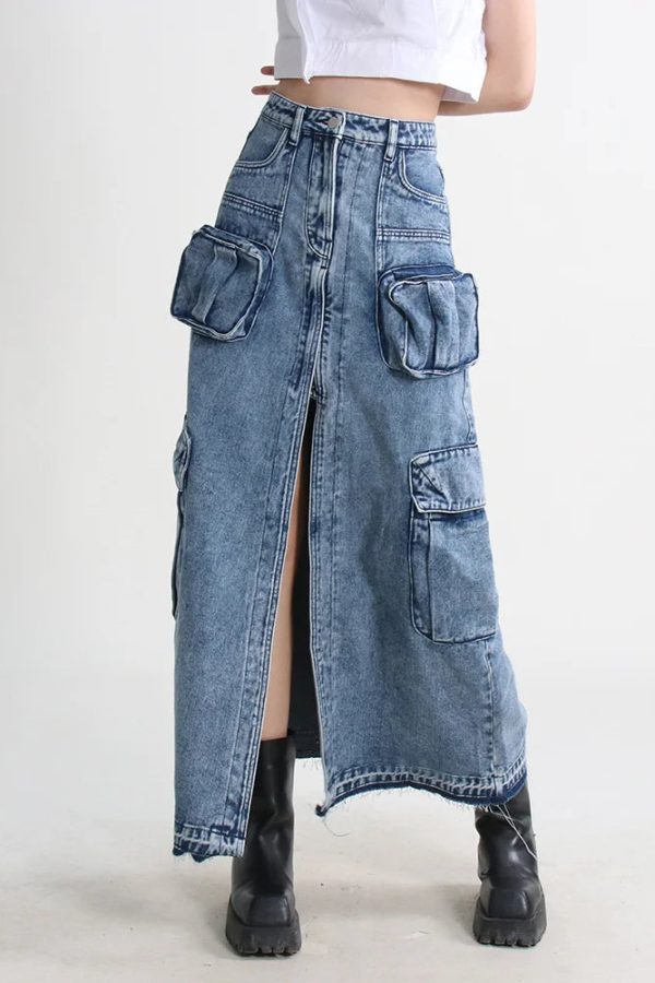 Cargo Split Denim Midi Skirt