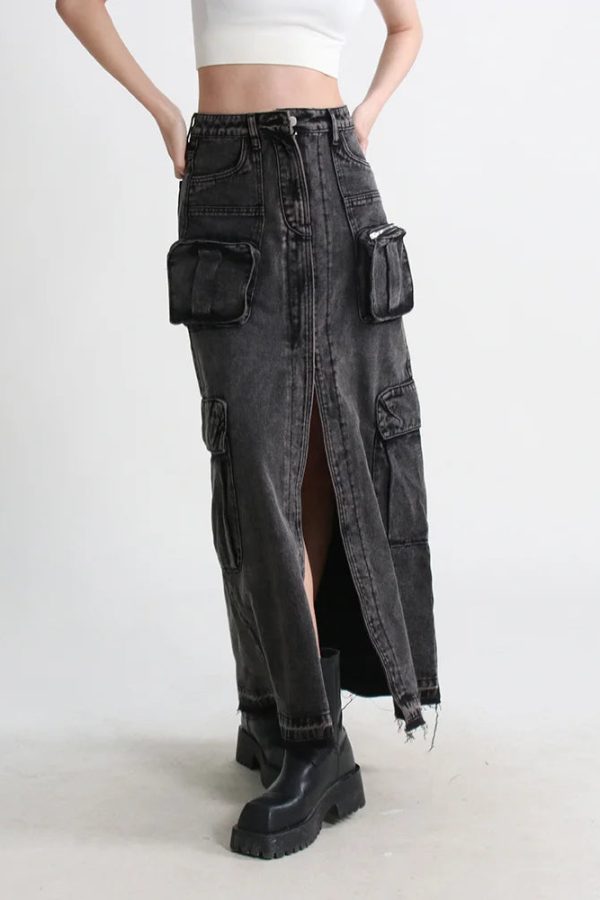 Cargo Split Denim Midi Skirt