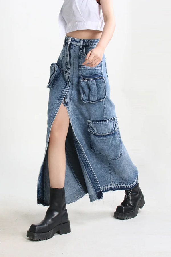 Cargo Split Denim Midi Skirt