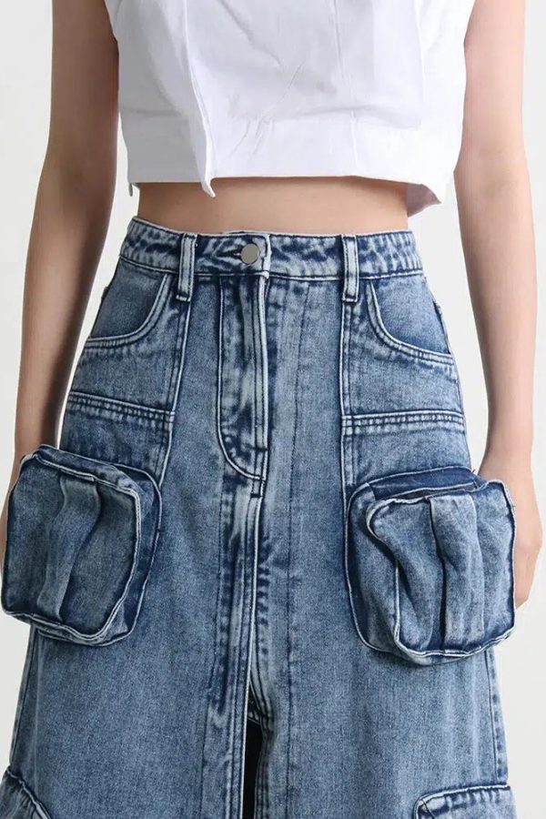 Cargo Split Denim Midi Skirt