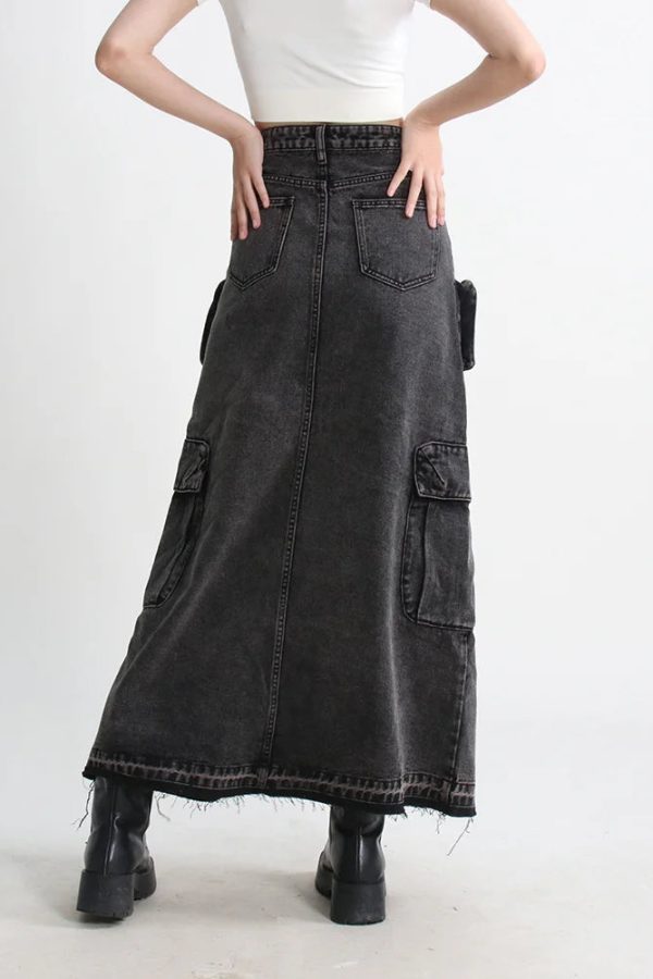 Cargo Split Denim Midi Skirt