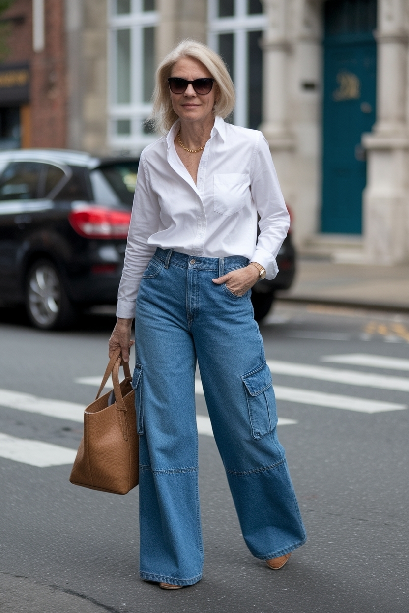 Cargo jeans outfit women over 40 for a casual edge outfit idea