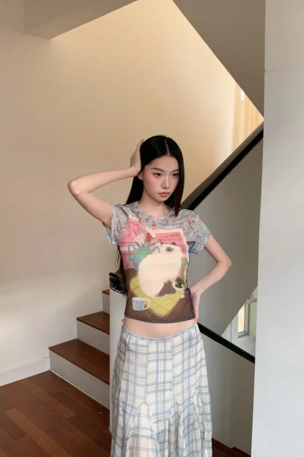 Cat Graphic Sheer Top