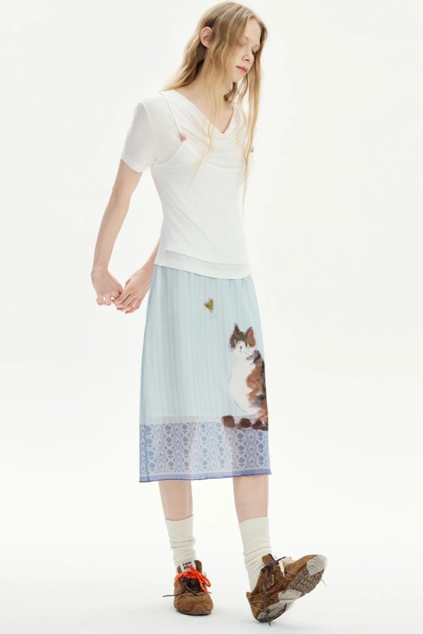 Cat Print Midi Skirt
