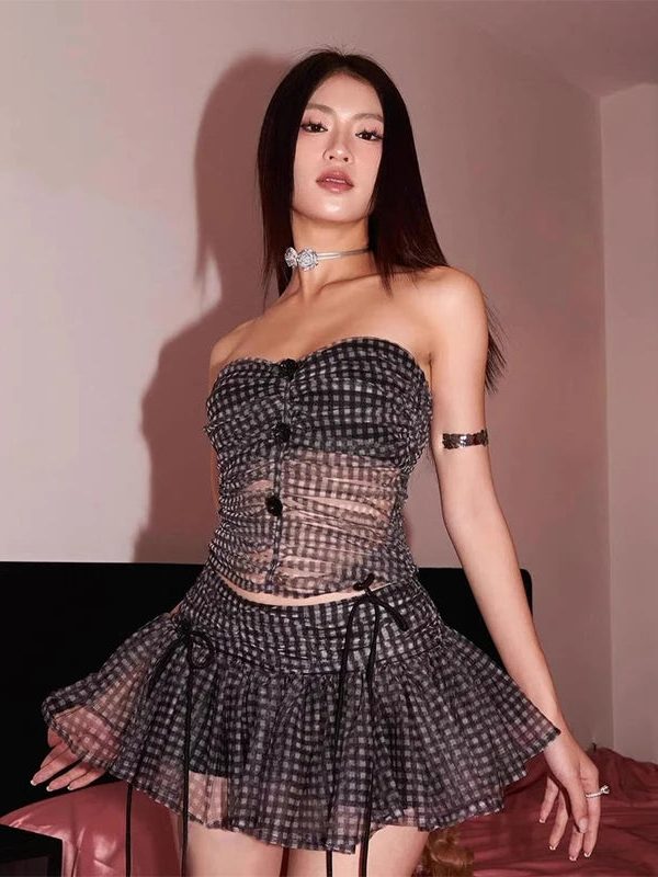 Checkered Strapless Top & Mini Skirt Two Piece Set