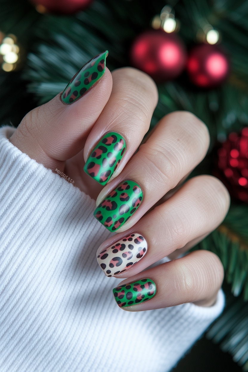 Creative Christmas Nails with Cheetah Print for the Holidays outfit idea