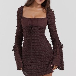 Coffee Ruched Mini Dress