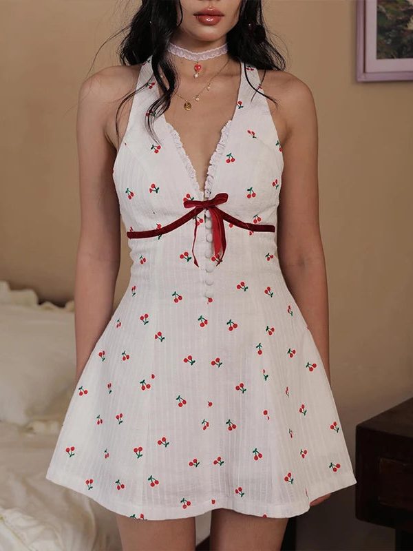 Coquette Cherry Halter Neck Mini Dress