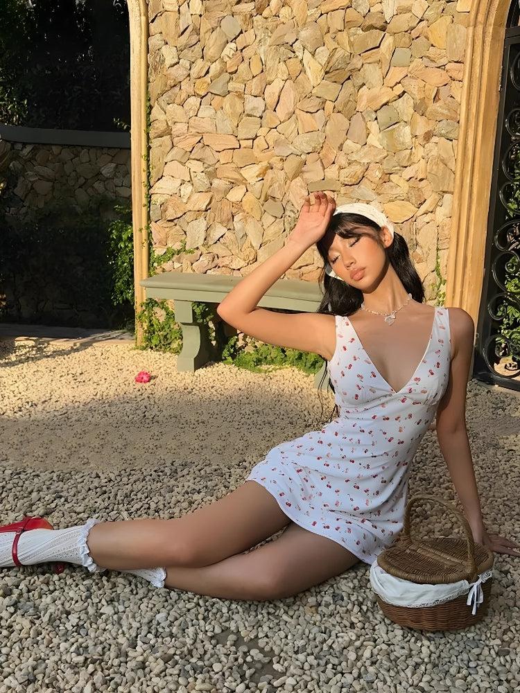 Coquette Cherry Plunge Neck Mini Dress Coquette Cherry Plunge Neck Mini Dress