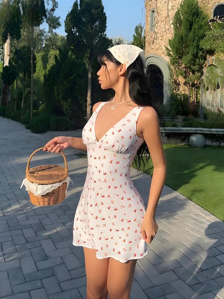 Coquette Cherry Plunge Neck Mini Dress Coquette Cherry Plunge Neck Mini Dress