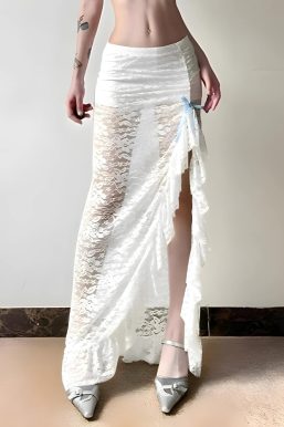 Coquette Lace Ruffled Slit Maxi Skirt