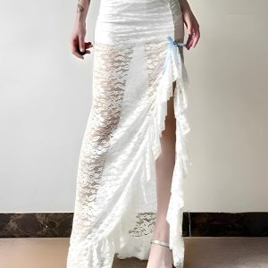 Coquette Lace Ruffled Slit Maxi Skirt