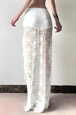 Coquette Lace Ruffled Slit Maxi Skirt