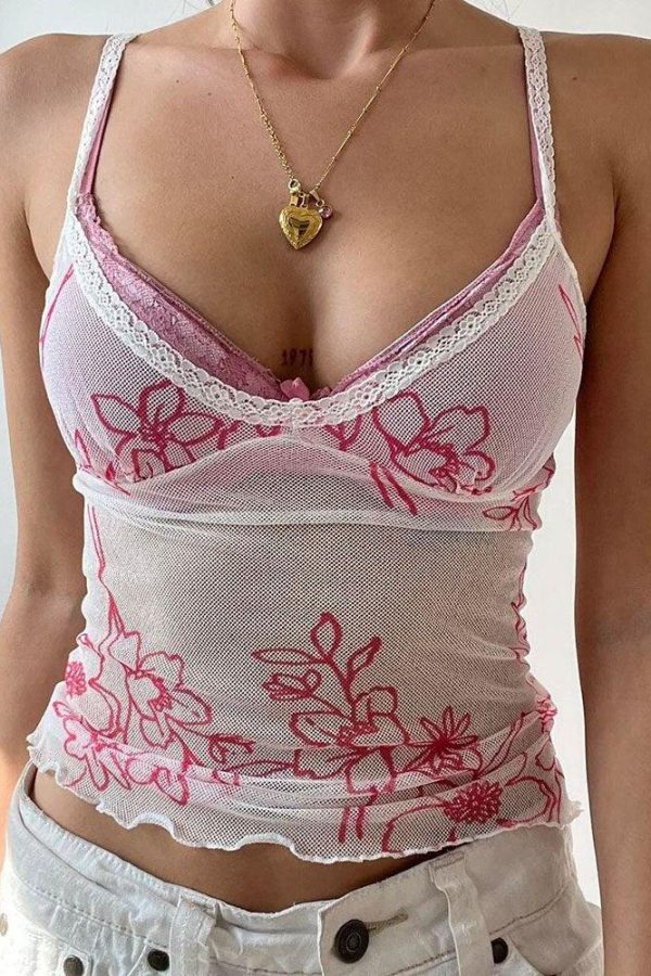 Coquette Lace Strap Floral Mesh Top