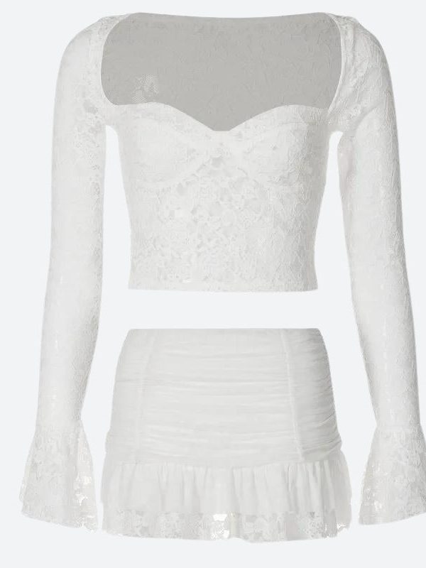 Coquette Lace Top & Ruched Mini Skirt Two Piece Set