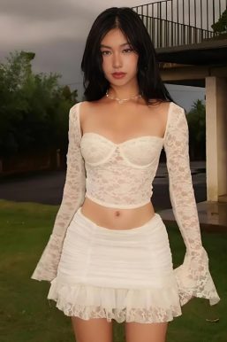 Coquette Lace Top & Ruched Mini Skirt Two Piece Set
