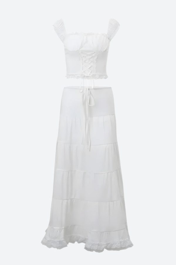 Coquette Lace Up Crop Top & Maxi Skirt Two Piece Set