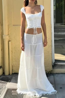 Coquette Lace Up Crop Top & Maxi Skirt Two Piece Set