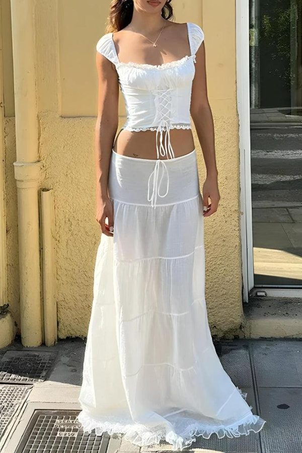 Coquette Lace Up Crop Top & Maxi Skirt Two Piece Set