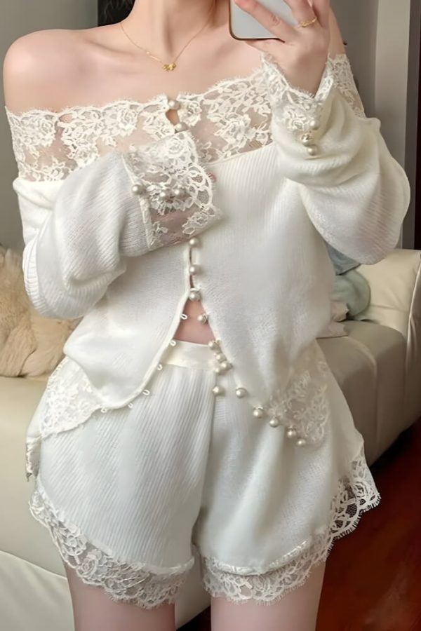 Coquette Pearl Button Lace Two Piece Set