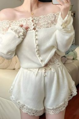 Coquette Pearl Button Lace Two Piece Set