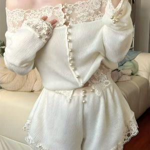 Coquette Pearl Button Lace Two Piece Set