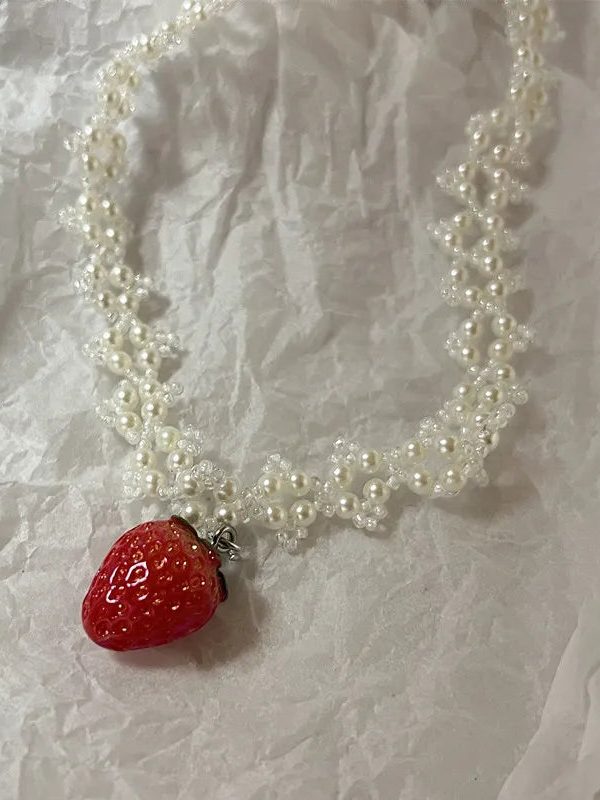 Coquette Strawberry Pearl Beaded Necklace