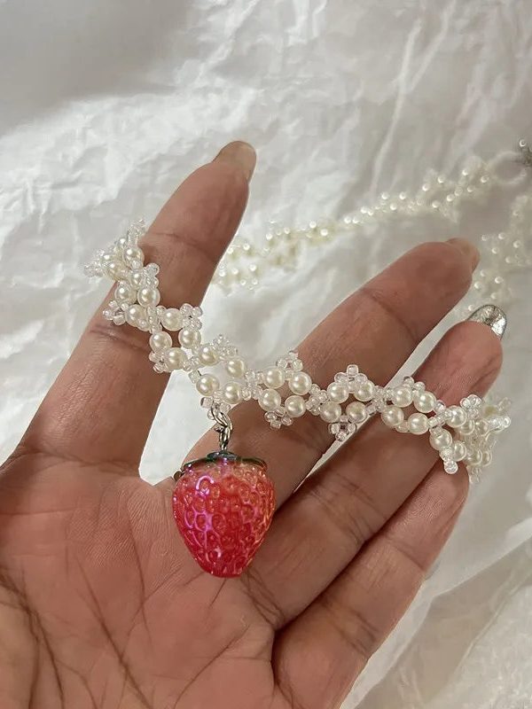 Coquette Strawberry Pearl Beaded Necklace