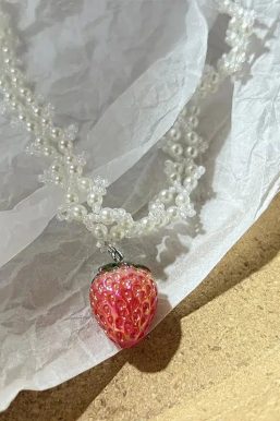 Coquette Strawberry Pearl Beaded Necklace