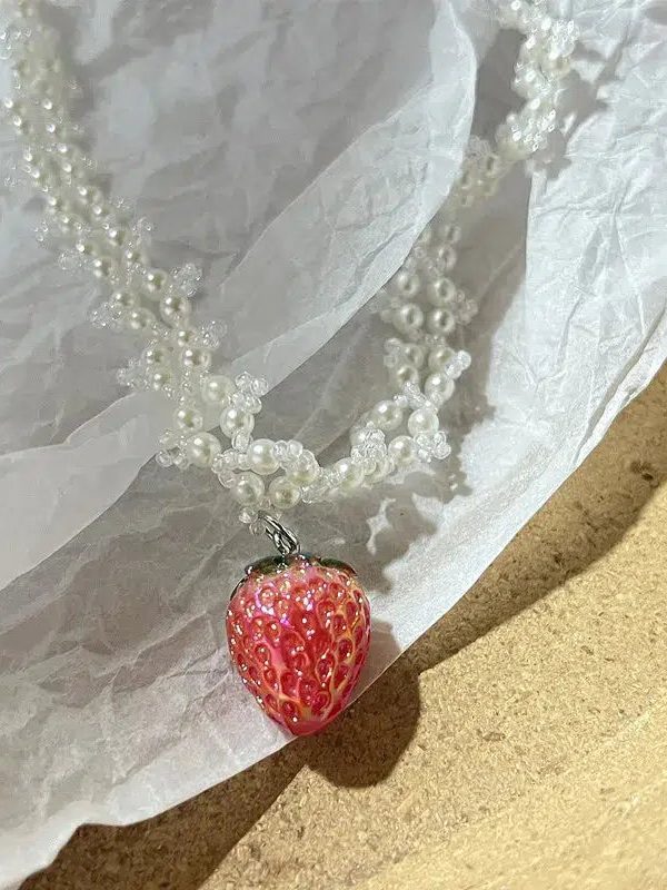 Coquette Strawberry Pearl Beaded Necklace