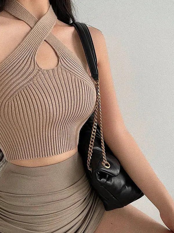 Corduroy Halter Neck Knitted Crop Top