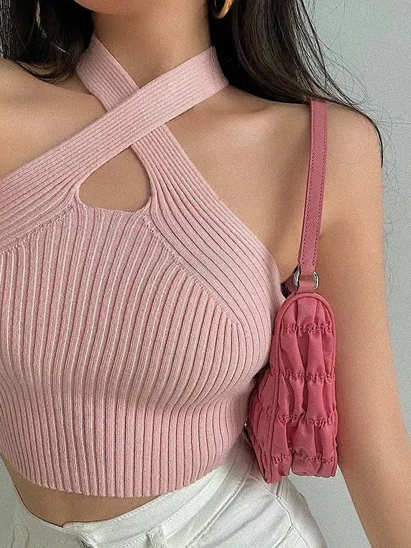 Corduroy Halter Neck Knitted Crop Top