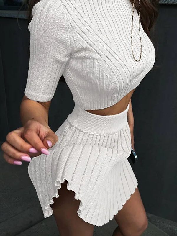 Corduroy Knitted Crop Top & Mini Skirt Two Piece Set