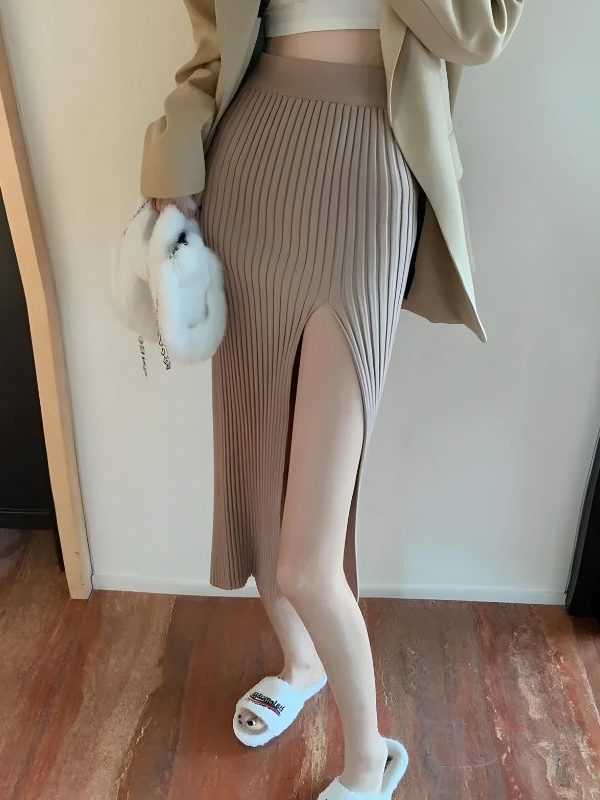 Corduroy Knitted Split Midi Skirt
