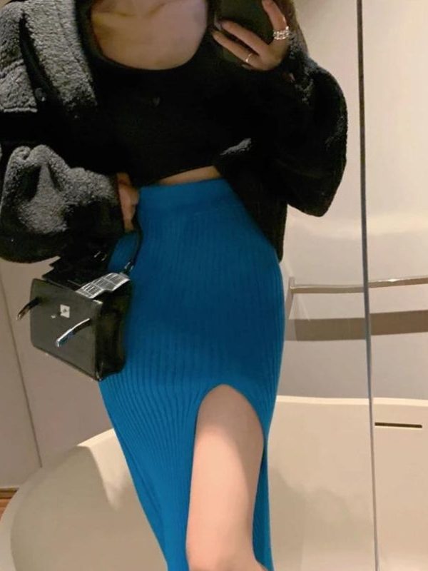 Corduroy Knitted Split Midi Skirt