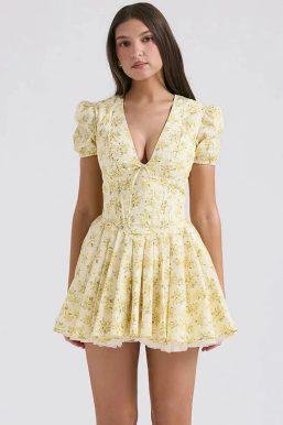 Cottagecore Floral Plunge Neck Mini Dress